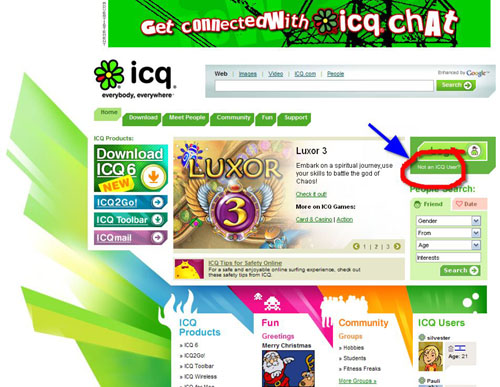 Кнопочка «Not an ICQ user?» («У вас еще нет аськи?») в правой верхней части странички сайта